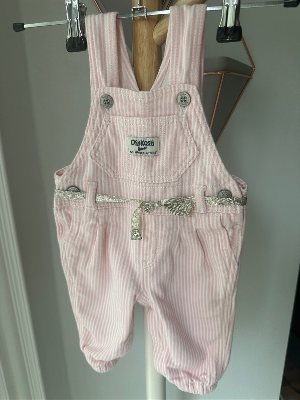 OshKosh B'gosh Light Pink Striped Overalls Metallic Tie Baby Girl 3 Months 3M